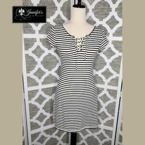 Aeropostale Women's Black and Cream Stripe Front Criss Cross Tie Dress Size M